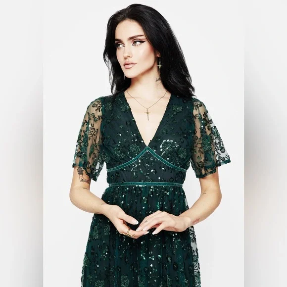 Disturbia Glimmer Embroidered Sequin Lace Angel Sleeve Midi Dress - Picture 5 of 14